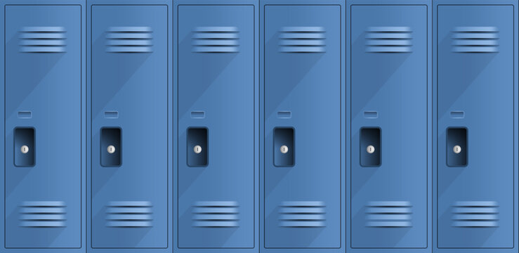 Blue school lockers row illustration. Flat vector design of metal lockers for gym or changing room. School hallway interior elements isolated on background
