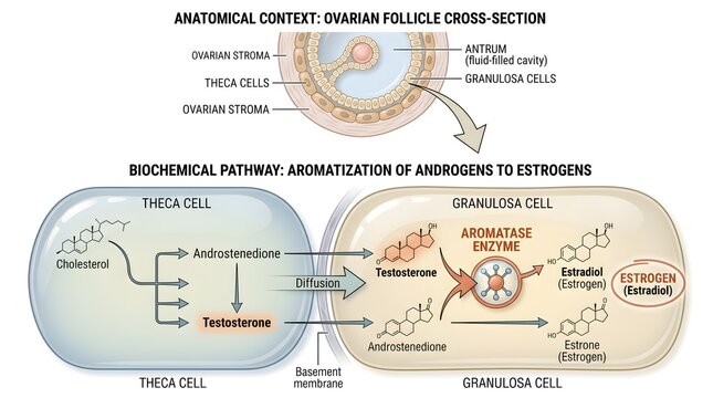 Ovarian Follicle Aromatization of Androgens &ndash; Cross‑Section Diagram Showing Theca and Granulosa Cells, Cholesterol Conversion to Testosterone, Aromatase‑Mediated Formation of Estradiol and Estrone and