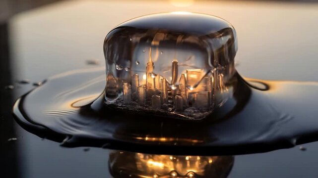 A miniature city skyline glows inside a melting ice cube on a dark reflective surface. The ice gradually dissolves into a pool of water, catching the warm, golden light of sunset.