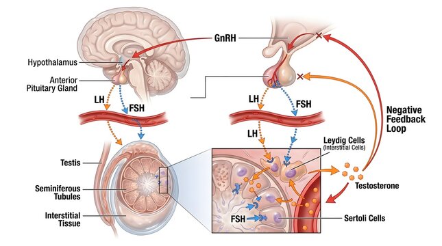 Hypothalamic&ndash;Pituitary&ndash;Gonadal Axis Feedback Loop &ndash; Diagram Highlighting GnRH, LH, FSH, Leydig and Sertoli Cell Interactions, Seminiferous Tubules and Testosterone Secretion with Repetitive Negative F