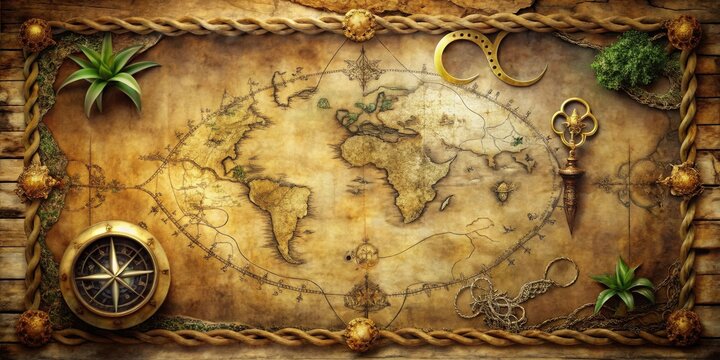 An Ancient World Map Depicting Uncharted Territories, Adorned with Ornate Compass, Key, and Twisted Rope Frame