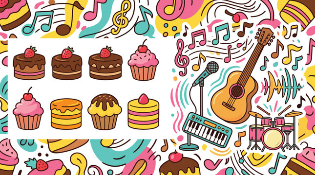 Colorful music and dessert doodle background with guitar drums cakes cupcakes and musical notes vector illustration