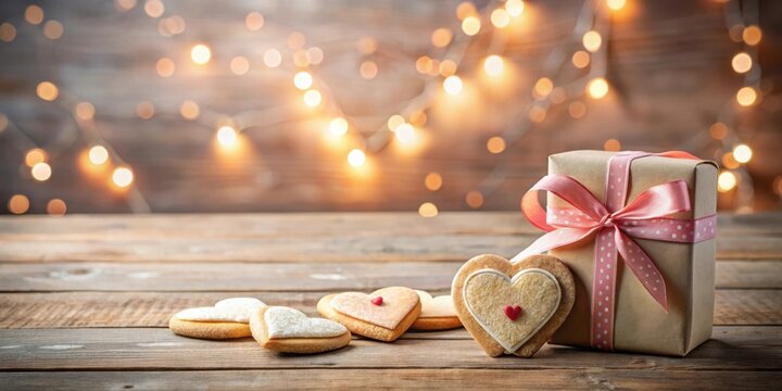 A romantic present with heart-shaped cookies on a rustic wooden table, illuminated by warm string lights