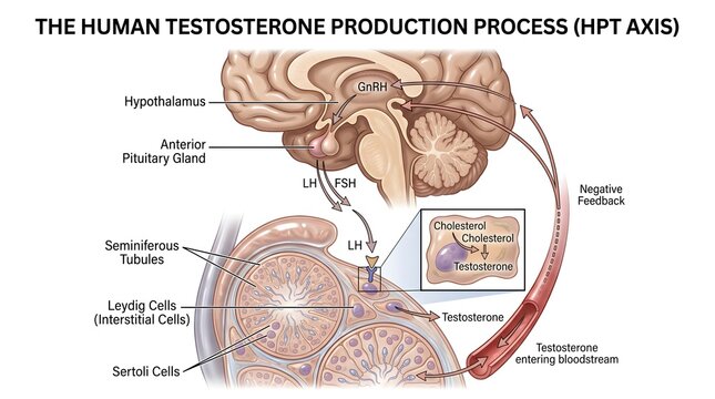The Human Testosterone Production Process &ndash; Integrated HPT Axis Illustration Depicting Hypothalamus, Anterior Pituitary, LH and FSH Stimulation of Leydig and Sertoli Cells, Cholesterol Conversion and 