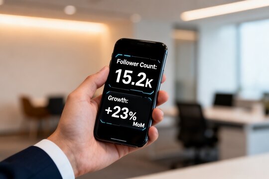 Hand holding smartphone showing follower count