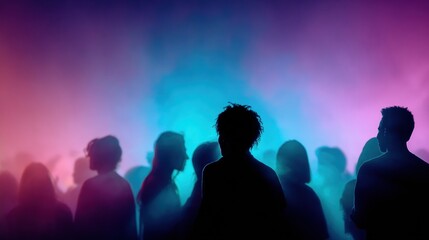 Fototapeta premium Silhouetted crowd in neon pink and blue haze at nightclub dance floor with backlit smoke