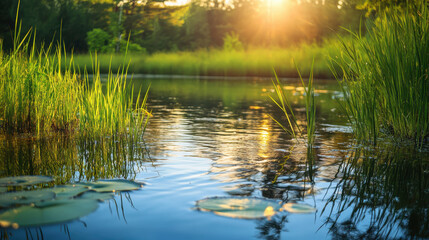 Obraz premium Peaceful water pond with green grass and sunlight reflecting on surface showing natural beauty and sustainability in serene environment