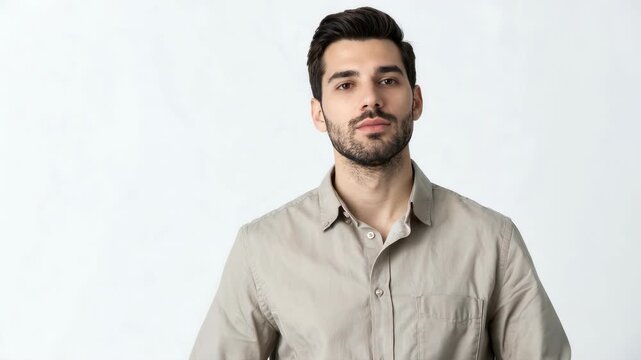 ベージュのシャツ姿の若い男性が静かに考え込む落ち着いた人物ポートレート