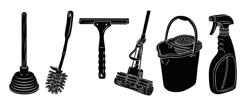 Cleaning Supplies Icons Set: Plunger, Toilet Brush, Squeegee, Sponge Mop, Bucket and Spray Bottle. Vector illustration of professional janitorial equipment for home maintenance, housekeeping and hygie