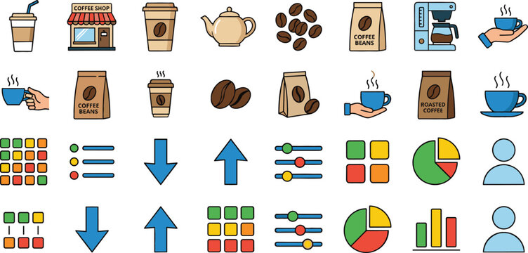 Coffee shop and infographic icon collection with beverages charts arrows and cafe symbols vector illustration set