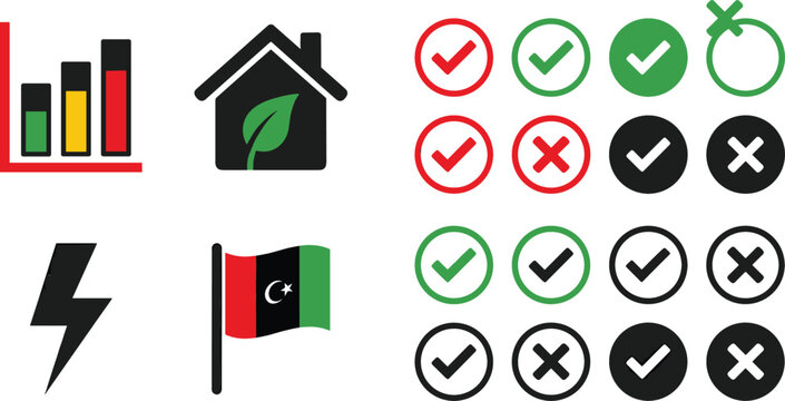 Business and eco symbol icon collection with charts check marks energy and Libya flag vector illustration set