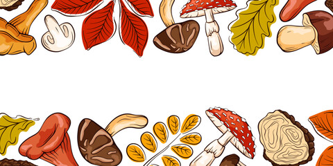 Autumn mushroom and leaf border illustration in cartoon. Fall elements for greeting card, banner, poster, invitation. Horizontal seasonal design. © Iryna