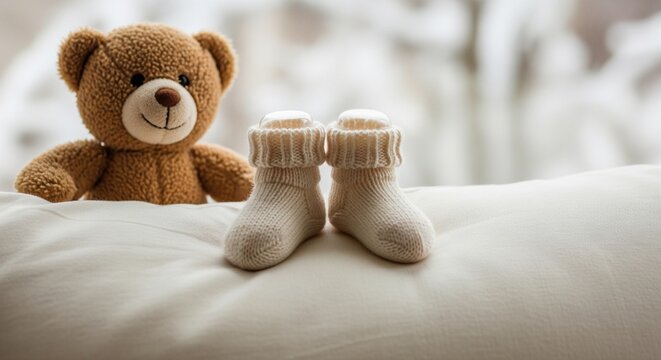 A sentimental shot featuring a small brown teddy bear sitting behind a pair of tiny, cream-colored knitted baby booties on a soft white surface. The background is softly blurred