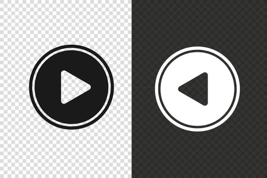 Modern play button vector icon set with black and white circular designs. Includes solid and outline media play symbols in a clean minimal style