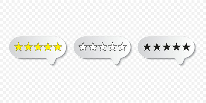 Set of five star rating vector icons inside speech bubble shapes. Includes yellow, outline and black star variations for customer feedback, reviews and rating systems