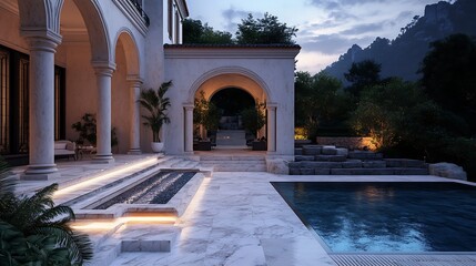 Obraz premium Luxurious villa patio with elegant marble arches and a tranquil swimming pool at blue hour twilight