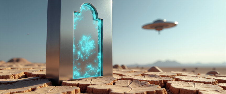 Alien monolith standing on cracked earth with UFO in the sky for World UFO Day  