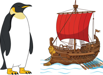 Emperor penguin and vintage wooden sailing ship with red sails isolated nautical and wildlife vector illustration collection © Jahangir