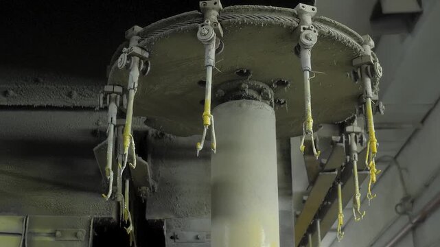 Automated overhead machinery featuring circular rotating transport wheel with multiple hanging metal clips moves through industrial spray booth covered in yellow powder coating residue