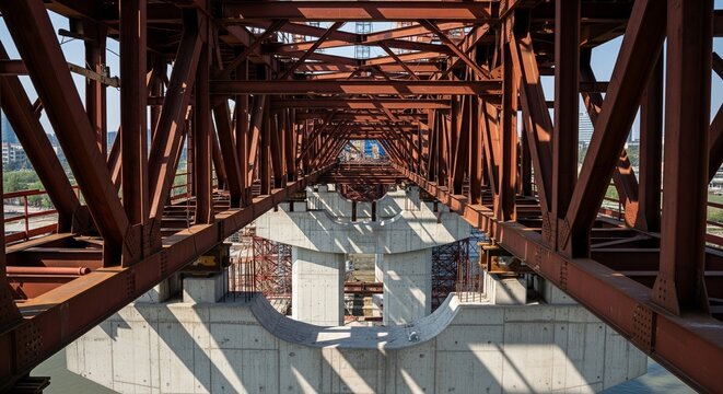 Rusty steel frame of a large bridge under development.