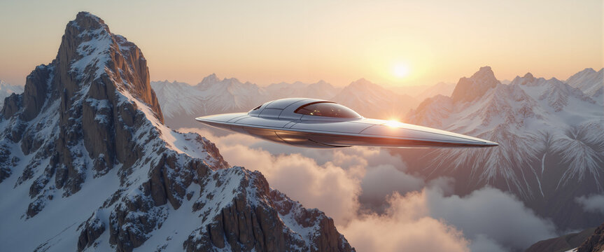 Cigar-shaped UFO flying over snowy mountain range at sunset - Concept of World UFO Day  