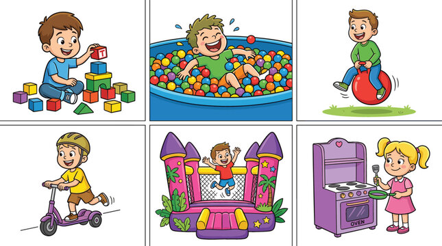 Happy children playing with toys ball pit scooter inflatable castle and toy kitchen colorful flat vector illustration set