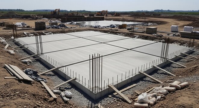 Daytime view of a completed concrete floor slab foundation with vertical steel rebar sticking out for walls