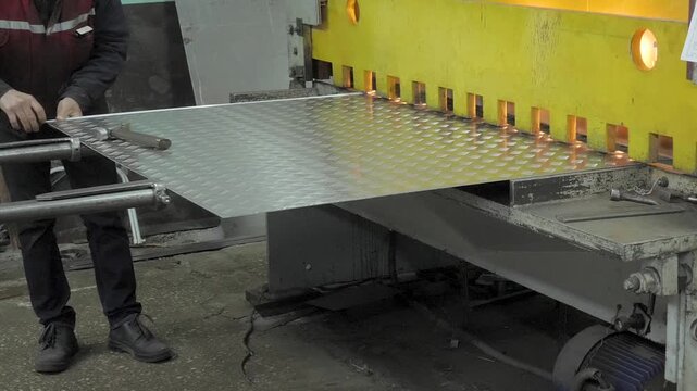 Industrial worker using tape measure to align textured aluminum tread plate under heavy hydraulic guillotine machine for precise cutting within metal fabrication workshop
