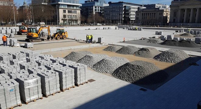 An urban construction site in a city square with stacks of paving blocks, piles of gravel, and small excavators