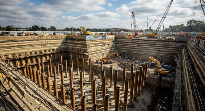 Perspective view of a massive construction pit with many vertical steel foundation piles and excavators working in the background