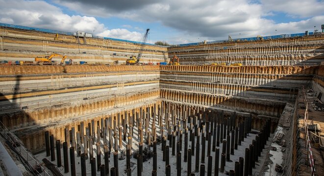 A wide view of a large, deep rectangular excavation pit for a building foundation with metal shoring walls and support pillars