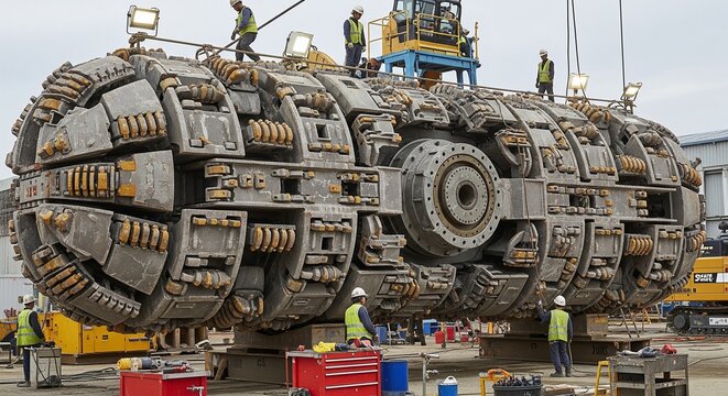 A massive industrial tunnel boring machine cutter head being serviced by workers at a construction site.