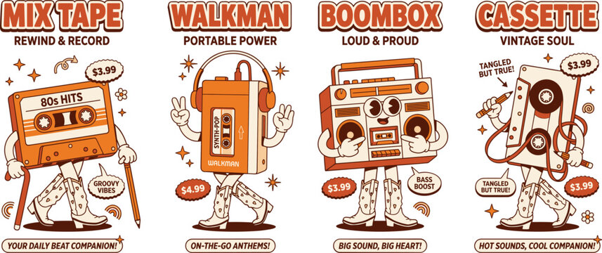 Retro 80s Music Mascot Character Set Mixtape Walkman Boombox Cassette Groovy Cowboy Boots Orange Vintage Soul Cartoon Bundle