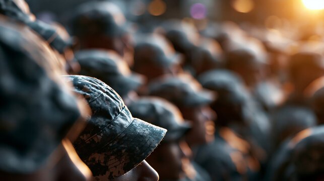Faceless soldiers in formation representing military strength and national defense readiness during troop deployment