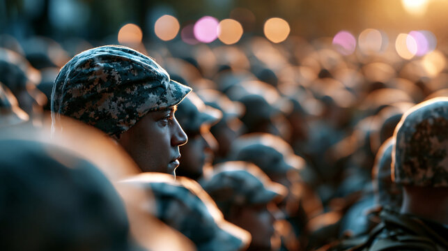 Soldiers and troops of an army in formation during deployment showing strength, readiness, security and collective defense