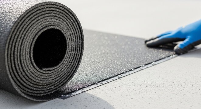 Worker installing black rubber waterproof roofing roll on flat roof