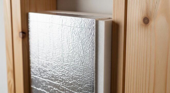 Thermal insulation panel installed between wooden wall studs close up