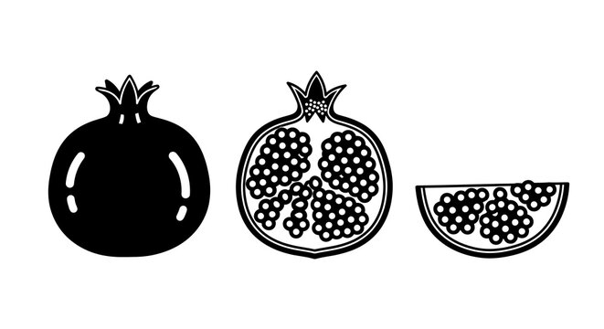 Pomegranate fruit icon set with whole and cut fruit on white