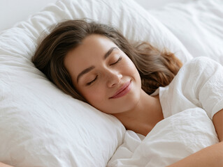 Obraz premium Healthy Sleep Concept, Calm Woman Resting in Bed with Soft Light