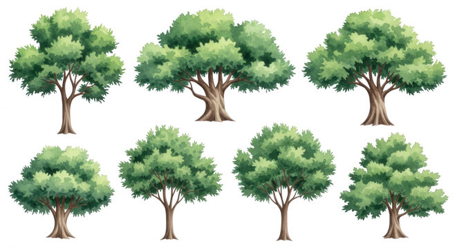 A collection of seven hand-drawn green trees with textured foliage and brown trunks, isolated on a solid black background for