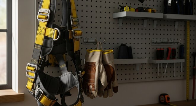 A safety harness and work gloves hanging on a pegboard in a workshop, representing industrial safety and fall protection