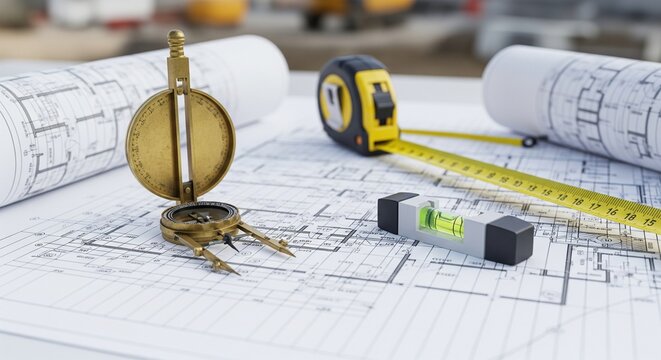 Construction measuring tools including a tape measure, a spirit level, and a vintage compass sitting on top of open house blueprints