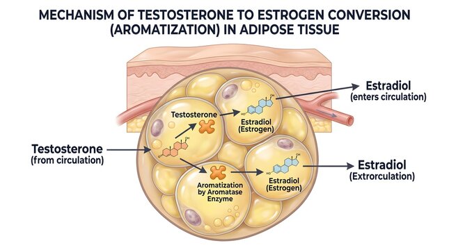 Mechanism of Testosterone to Estrogen Conversion in Adipose Tissue &ndash; Aromatase-Mediated Transformation of Circulating Testosterone to Estradiol Inside Fat Cells and Its Role in Peripheral Estrogen Pro
