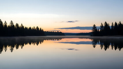 Fototapeta premium Serene dawn reflection on a mirror lake. 
