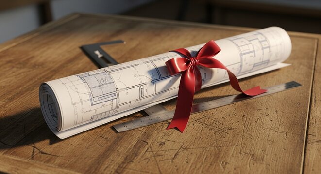 A rolled architectural drawing with a red bow, accompanied by a metal T-square and ruler on a rustic wooden workspace