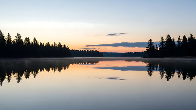 Serene dawn reflection on a mirror lake. 