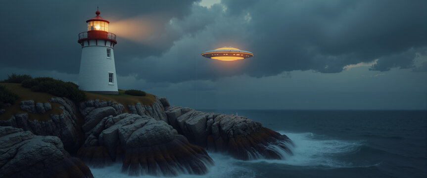 UFO hovering near lighthouse during stormy evening skies for World UFO Day  
