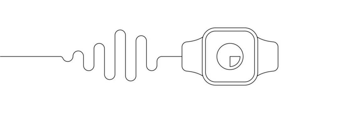 Continuous one line drawing of smartwatch connected to a digital pulse wave for health monitoring. Editable stroke outline. Single contour art. Doodle hand drawn vector illustration