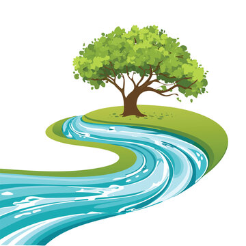 Vibrant illustration of a green tree on a grassy island with a flowing river