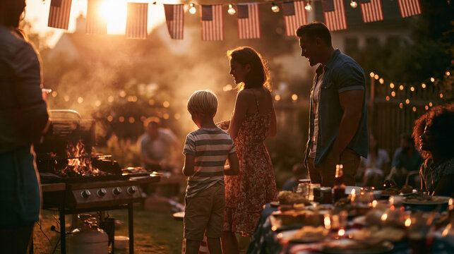 Family celebrating 4th of july in backyard with grill and flags, warm sunset light, candid lifestyle moment